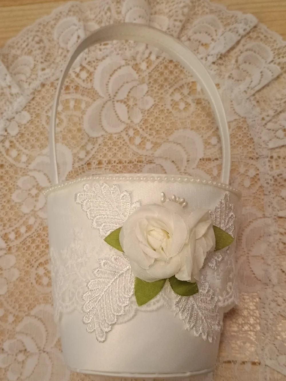 White Lace Wedding Ring Bearer Pillow and Flower Girl Basket Set - Picture 5 of 8